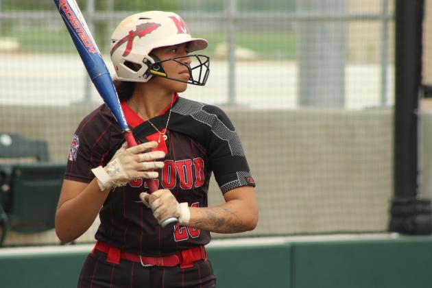 McLoud senior Taycee Lewis prepares before hitting a single during the April 17 game against Bethel in the Willie Stargell Slow Pitch Festival, held at FireLake Ball Fields. The Lady Redskins won 7-6. Natasha Dunagan, Countywide &amp; Sun