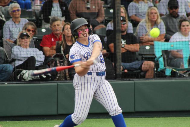Bethel junior Paisley Echelle keeps her eyes on the ball in the Class 5A State Quarterfinal game against Lone Grove, held at FireLake Ball Fields on May 5. The Lady Wildcats lost, 1-11, and end their season with a record of 24-7.