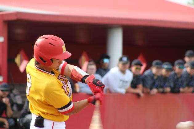 Dale sophomore Cruz Garrett hits a single in the home game against Newcastle on May 1