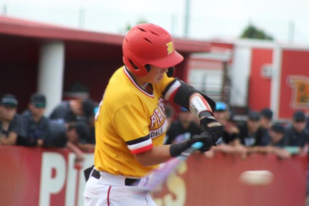 Dale junior Briar Turman gets a hit in the home game against Newcastle on May 1. The Pirates lost this game, 1-6. On May 4, they beat Asher, 13-1, and they will host Class 2AI Regionals today (May 7), playing Wilburton at 1:30 and Riverside at 4 pm, according to ossaa.com. Their record so far is 21-6.