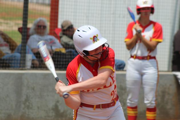 Dale freshman Lainey Wilson hits a double in the Class 4A Regional Slow Pitch Tournament game against Mangum, held at McLoud on April 28. The Lady Pirates won that game, 16-0, and against Panama, 15-9. They would go on to play in the State Tournament on May 5 at FireLake Ball Fields.