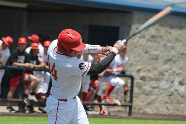 Dale senior AJ Carpenter hits a single in the fifth inning of the Class 2A1 State Baseball Quarterfinal game against Kansas, held at Shawnee High School on May 14. See full cutline below.