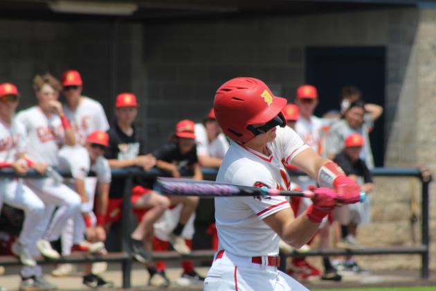 Dale senior Denton Forsythe hits a double with one RBI in the third inning of the Class 2A1 State Baseball Quarterfinal game against Kansas, held at Shawnee High School on May 14.