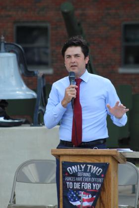 Former State Representative Justin Wood speaks during the Shawnee Memorial Day ceremony on May 25 at Woodland Veterans Park.