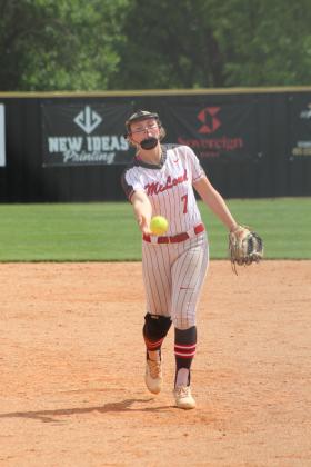 McLoud junior Avery Soward throws a rise ball during the April 29 Class 5A Slow Pitch Regional Tournament game at Tecumseh. The Lady Savages won that game, 4-3, and the earlier game with Guthrie, 8-3, to become Regional Champions. They were scheduled to play in the State Tournament on May 5 at FireLake Ball Fields.