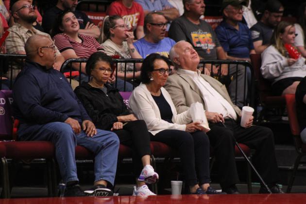 Citizen Potawatomi Nation Vice-Chair Linda Capps and Chair John "Rocky" Barrett watch the game and the jumbotron during the TBL Finals. This is Capps' last time to attend a Potawatomi Fire game as the Vice-Chairman, as she retires after this month.