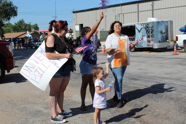 Family members from Lawton, OK, welcome their Uncle Bill Strobeck of Spokane, WA, as the Run for the Wall makes a stop at the Shawnee VFW Post 1317 on May 16. Shown, from left, are Amanda Hall, Zariah Hall, Brynli Velasquez, 3, and Hannah Readen. This is the first year for Strobeck to participate in the RFTW.