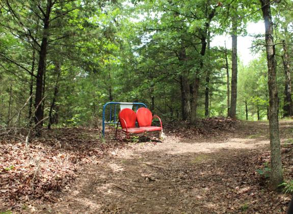 A metal glider is ready for weary walkers to rest along one of the trails at Serenity Hollow Retreat Center, located between Tecumseh and Earlsboro on Kings Road. The 40-acre women's retreat offers a one-mile trail, a 500-foot trail, a bonfire area, an outdoor event area, a gazebo, a fairy garden, an indoor conference room and four themed bedrooms with adult-sized bunk beds, as well as goats, donkeys and two dogs. Click on the camera banner ad below to see all of our photos from Serenity Hollow!