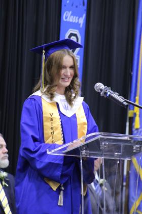 Bethel Co-Valedictorian Rachel Drew speaks at Bethel High School's Commencement Exercises on May 16. "It wasn't just the big moments that got us here," said Drew. "It was all the small choices that we had to make every day, choosing to show up even when we didn't feel like it, to stay up late finishing assignments even when we were exhausted, to try even when we were afraid of failing, and to keep going even when giving up seemed to be the easier option."