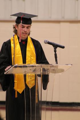 Earlsboro High School Co-Salutatorian Hunter McKey addresses his fellow grads during commencement on May 8 at the EHS Gym. Earlsboro graduated 10 seniors this year.