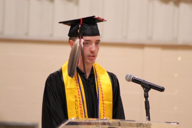 Earlsboro High School Co-Salutatorian Hunter Nice speaks during commencement on May 8 at the EHS Gym. Earlsboro graduated 10 seniors this year.