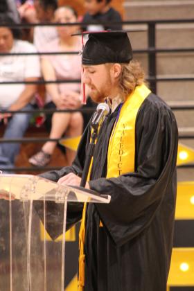 Earlsboro High School Valedictorian Jonathan Wilkins speaks to the Class of 2026 during commencement on May 8 at the EHS Gym. Earlsboro graduated 10 seniors this year.