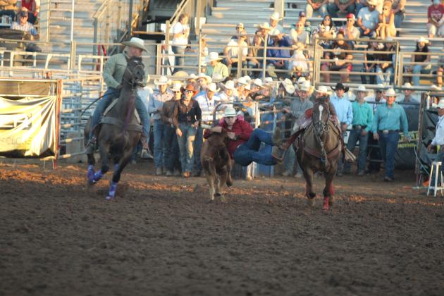 Charles Spears of Macomb dismounts his horse and grabs the steer by the horns in the steer wrestling event of the International Finals Youth Rodeo on opening night, July 12. The IFYR goes through Friday, July 17.