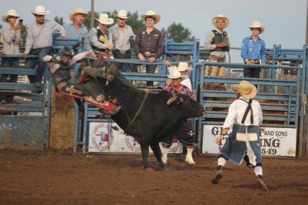 Trace Buffington of Crossett, AR, is ejected from his bull during the IFYR on the evening of July 15.