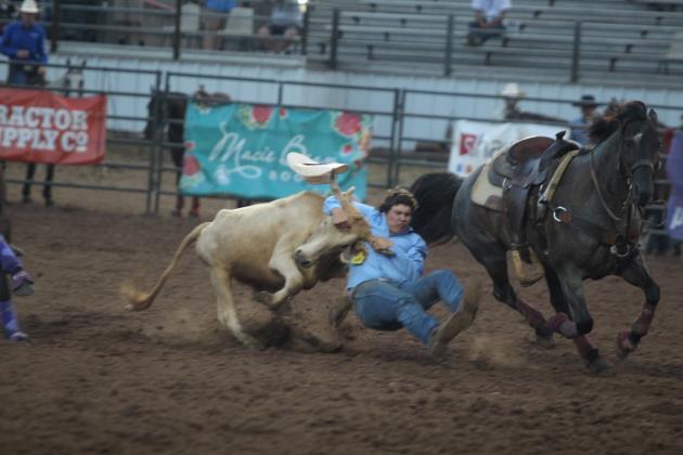 Dally Trussell of McLoud got his steer wrestled in 6.6 seconds during the IFYR championship round on the evening of July 17. Trussell took seventh place in the the event.