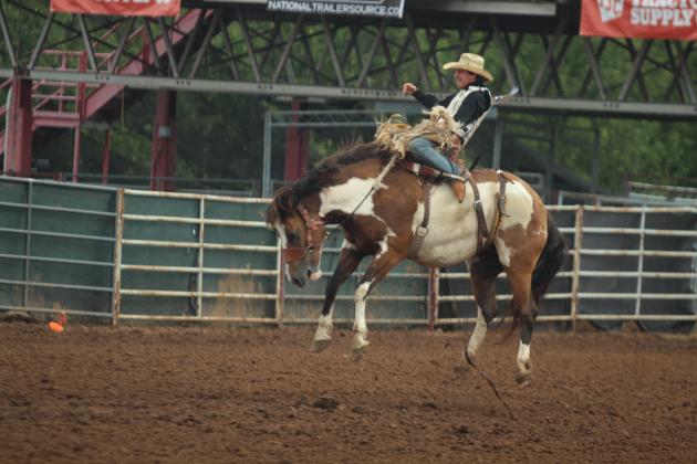 Kacin Bass of Eufaula holds his own in saddle bronc during the IFYR on the morning of July 17.