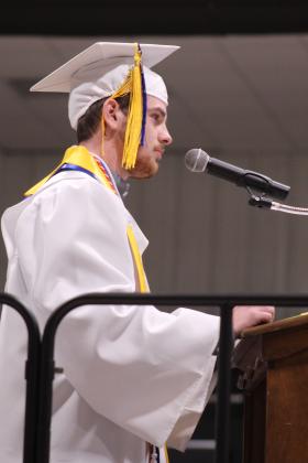 Crew Peters gives the Salutatorian Address during Maud High School's Graduation on May 22 at the Ed Harman Gymnasium.