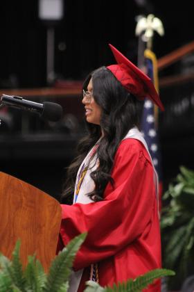 McLoud Senior Class President Mayrin Cerda addresses her fellow graduates during the McLoud High School Graduation Ceremony on May 23 at FireLake Arena.