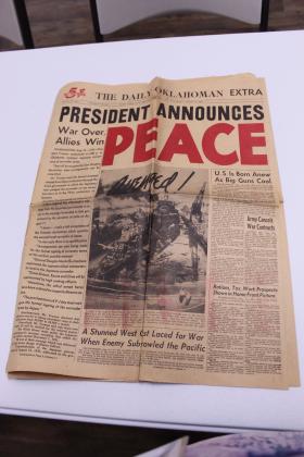 A copy of "The Daily Oklahoman" from Aug. 15, 1945, announces the end of WWII. This is one of several historic newspapers which have been donated to the Shawnee American Legion Gill-Mattox Post 16.