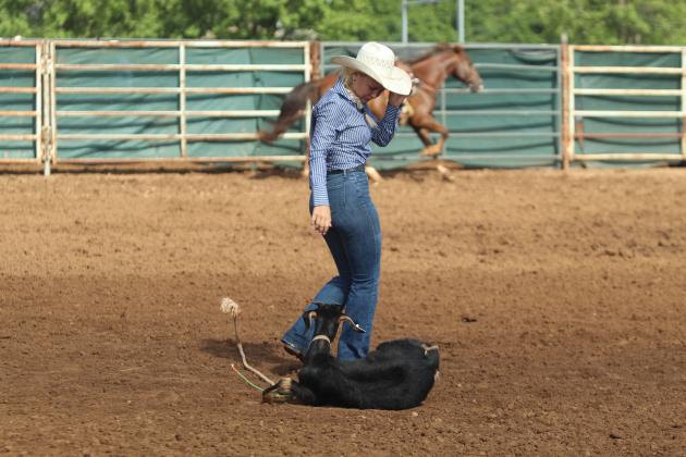 After tying her goat, Rianne Tinsley of Bethel stands up to look over her work during the International Finals Youth Rodeo on July 16. Contestants must tie three of the goat's legs together, and the knot must hold for six seconds after they're done.