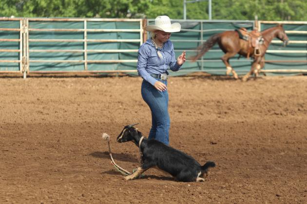Rianne Tinsley of Bethel is disappointed when the goat pulls loose of her knot and stands up during the International Finals Youth Rodeo on July 16. Contestants must tie three of the goat's legs together, and the knot must hold for six seconds after they're done.
