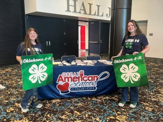 Madison Maddox of Dale, left, and Tori Nelms of North Rock Creek represented Oklahoma 4-H in the "Great American Seafood Cookoff: 4-H Edition" on July 26 in New Orleans, LA, and took fourth place with their Pecan-Crusted Catfish with Sweet Potato Purée and Peach Andouille Sausage Maque Choux, using Oklahoma-sourced ingredients. Photo provided