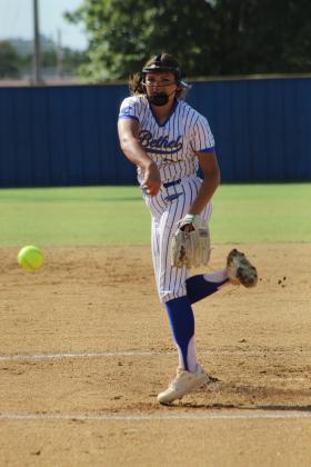 Bethel freshman KJ Anthony puts a spin on her fast pitch in the first inning of the Aug. 17 home game against Prague.