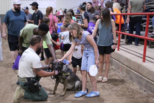 Following a K9 demonstration Sgt. Randy Barton, with the SPD SWAT Team, holds onto Hani for everyone to pet.