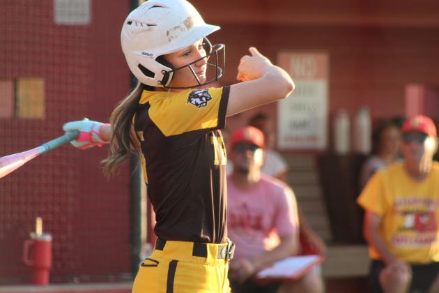 Tecumseh senior Jaylie Anderson gets a hit at bat during the third inning of the Aug. 18 game at Dale.