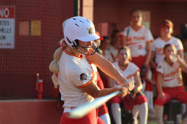 Dale senior Kinley Patten tags a triple during the Aug. 18 home game against Tecumseh. The Lady Pirates won 10-0, and are 9-0 for the season so far.