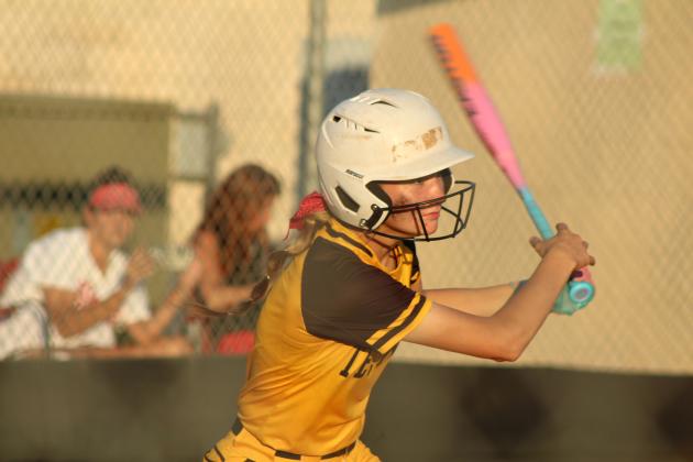 Tecumseh junior Jaylie Anderson hits a single during the Class 4A Regional Tournament game against Skiatook on Oct. 1, 2025. File photo