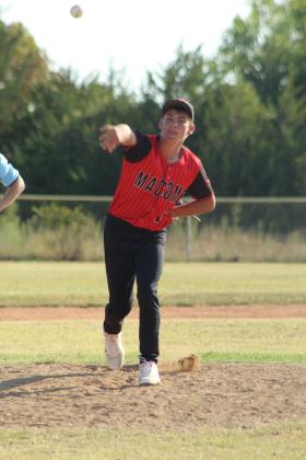 Macomb junior Zane Caldwell throws to home during the Aug. 28 home game against Stonewall.