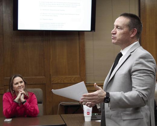 Oklahoma State School Boards Association Executive Director Shawn Hime, Ph.D., addresses the Shawnee Board of Education, as Assistant Superintendent of Personnel Dr. Teresa Wilkerson listens, during the meeting on Feb. 6. Countywide &amp;amp; Sun/Natasha Dunagan