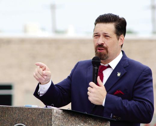 Oklahoma Senator Shane Jett speaks during the Memorial Day service at Fairview Cemetery in Shawnee on May 29.