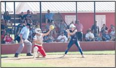 Bethel’s Kinley Anthony holds her bat against a high ball in the 2nd inning of the Dale game August 31st.