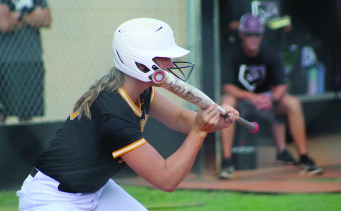 Tecumseh’s Katelyn Fleming prepares to bunt, but ends up getting to walk during the home game against Blanchard on Aug. 8. Countywide &amp;amp; Sun/Natasha Dunagan
