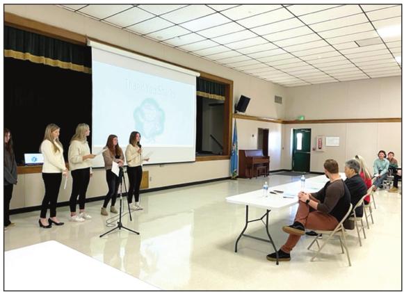 Members of the girls Shark Tank team (from left) Faith Henson 8th grade, Brooklyn Terney 7th grade, Kinley Patten 7th grade, Amber Jones 7th grade and Meagan Bingham 8th grade, presented their idea to a board of local business people during the third semester Shark Tank. Photo provided