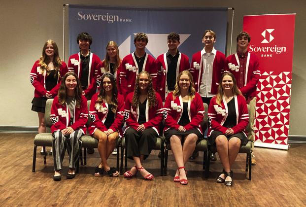 The top 10 percent of the North Rock Creek High School seniors received their Academic Letter Sweaters. This is sponsored by Sovereign Bank. Pictured from left (sitting) are Hailey Rice, Aubree Gonzales, Haley Hacker, Anna Smith, and Abigail Hurst. Pictured from left (standing) are Addison Robertson, Talan Nguyen, Grace Wiley, Seven Cawvey, Devon Haney, Grayson Serner, and David King. Photo courtesy of Gowin Photography