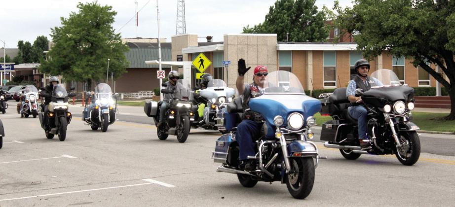 The U.S. Veterans Motorcyle Club, out of OKC, continues on the Fifth Annual Gold Star Families Memorial Ride, after stopping to place a wreath at the Gold Star Families Monument at Woodland Veterans Park on May 24. Their next stop was at the Grand Casino Hotel and Resort. Natasha Dunagan, Countywide &amp; Sun