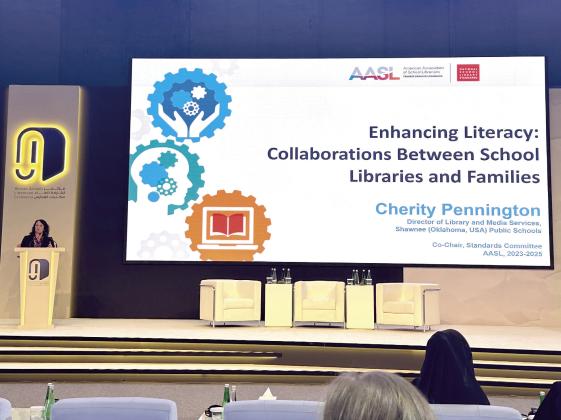 Cherity Pennington, Shawnee Public Schools Director of Library Services and Middle School Librarian, speaks on 'Enhancing Literacy: Collaborations Between School Libraries and Families' during the first ALA Sharjah School Librarians Conference in the United Arab Emirates last month. Photo courtesy of Cherity Pennington