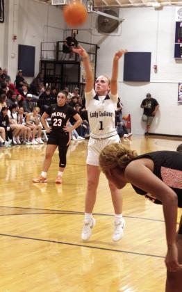 Asher's Preslee Taylor puts up a foul shot during the first quarter of the Nov. 7 home game against Paden. The Lady Indians lost 25-57.