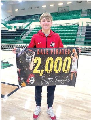 Pictured right, Dale senior Dayton Forsythe reached 2,000 career points during the Jan. 2 game at Jones and is the all-time leading scorer for the Pirates. Photo provided.