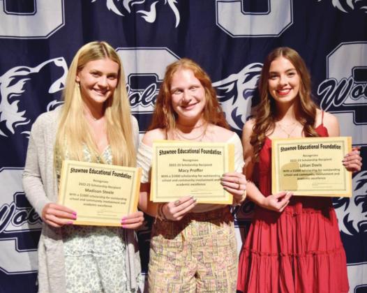Seniors Madison Steele (from left), Macy Proffer and Lillian Davis received scholarships from the Shawnee Educational Foundation. Photo provided by Shawnee Public Schools