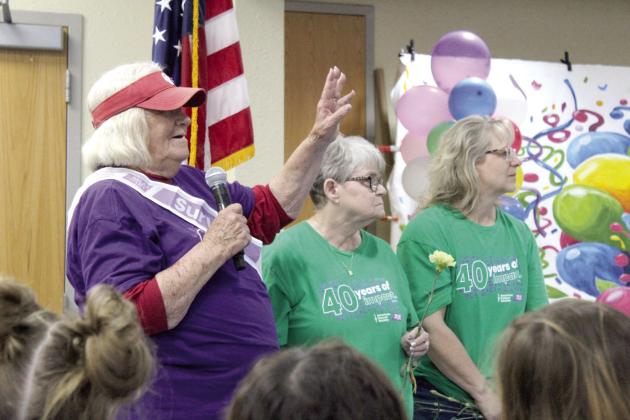 Cancer survivor Irma Montgomery of Tecumseh speaks about how the American Cancer Society helped her, during Relay for Life on April 26. Natasha Dunagan, Countywide &amp; Sun