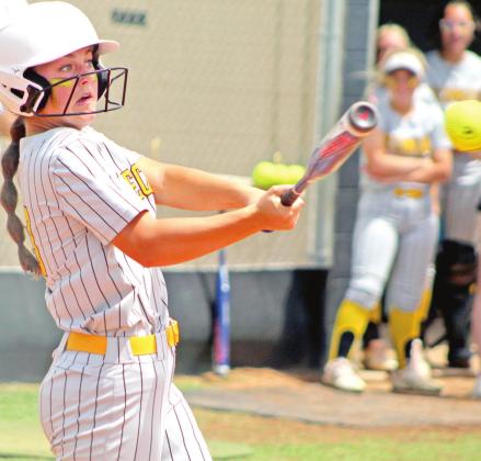 Tecumseh junior Taylor Gage hits a single during the sixth inning of the Class 5A Regional home game against Harrah on April 28. The Lady Savages won 8-0, and later that day, they won with Cache, 3-1, to advance to the State Tournament. Countywide &amp; Sun/Natasha Dunagan