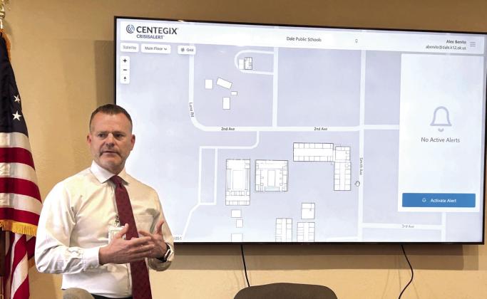 Dale Superintendent Will Jones opens the presentation regarding the recent implementation of the Centegix Crisis Alert system. File photo