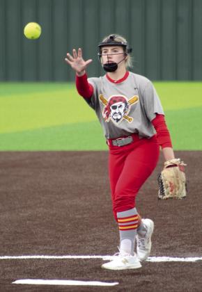 Dale sophomore Kinsley Hill lobs the ball toward home in the fifth inning of the game with Wayne on April 27.