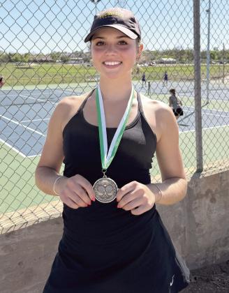 At the Seminole Tennis Tournament on April 6, the Lady Savages tennis team placed third. Kyann Sells, shown, placed second in #1 Singles, and Kylie Britt came in fourth in #2 Singles. In #1 Doubles, Kalyn Bartmess and Maggie Johnson received seventh place, and the #2 Doubles team of Hannah Tidwell and Savannah Wootten took fourth place. Photos provided by Coach Jennifer McKnight