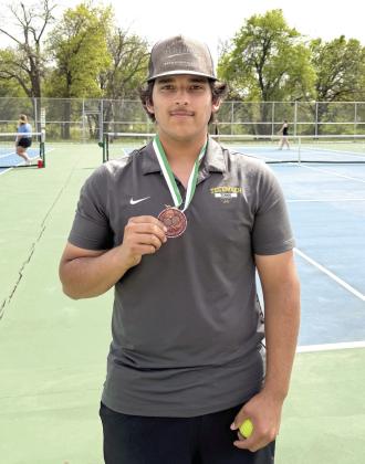 At the Seminole Tennis Tournament on April 7, the Tecumseh Savages tennis team placed third. Also placing third were Ted Belshe, in #1 Singles, and Christian Falcon, shown, in #2 Singles. In #1 Doubles, Xzavier Kommer and Eli Mullins took sixth place, and in #2 Doubles, Noah Mason and Jaxon McCullough came in fifth place.