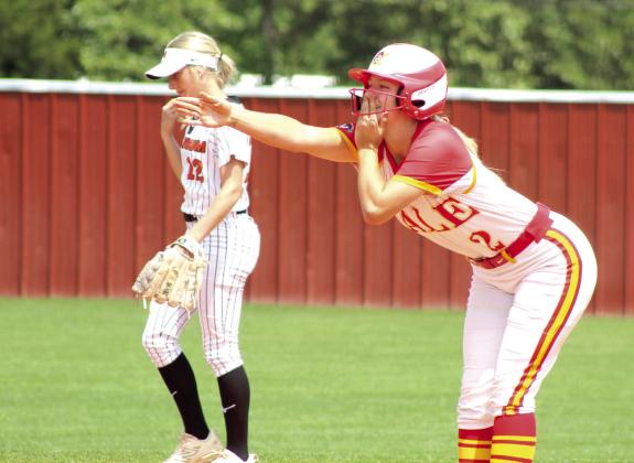 Dale junior Kinley Patten celebrates with her team after hitting a double in the Class 4A Regional Slow Pitch Tournament game against Mangum, held at McLoud on April 28. The Lady Pirates won that game, 16-0, and against Panama, 15-9. They played in the State Tournament on May 5 at FireLake Ball Fields and took home the gold. Photos and story available next week. Photos by Natasha Dunagan, Countywide &amp; Sun